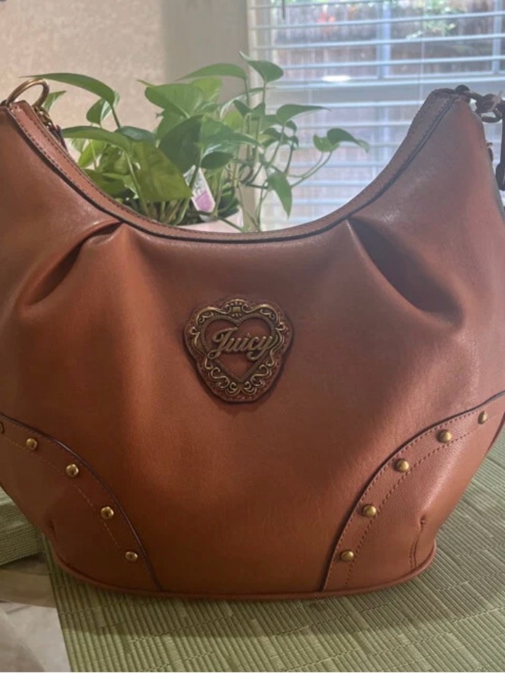 Juicy Couture Cognac Studded Hobo Bag with Heart Emblem